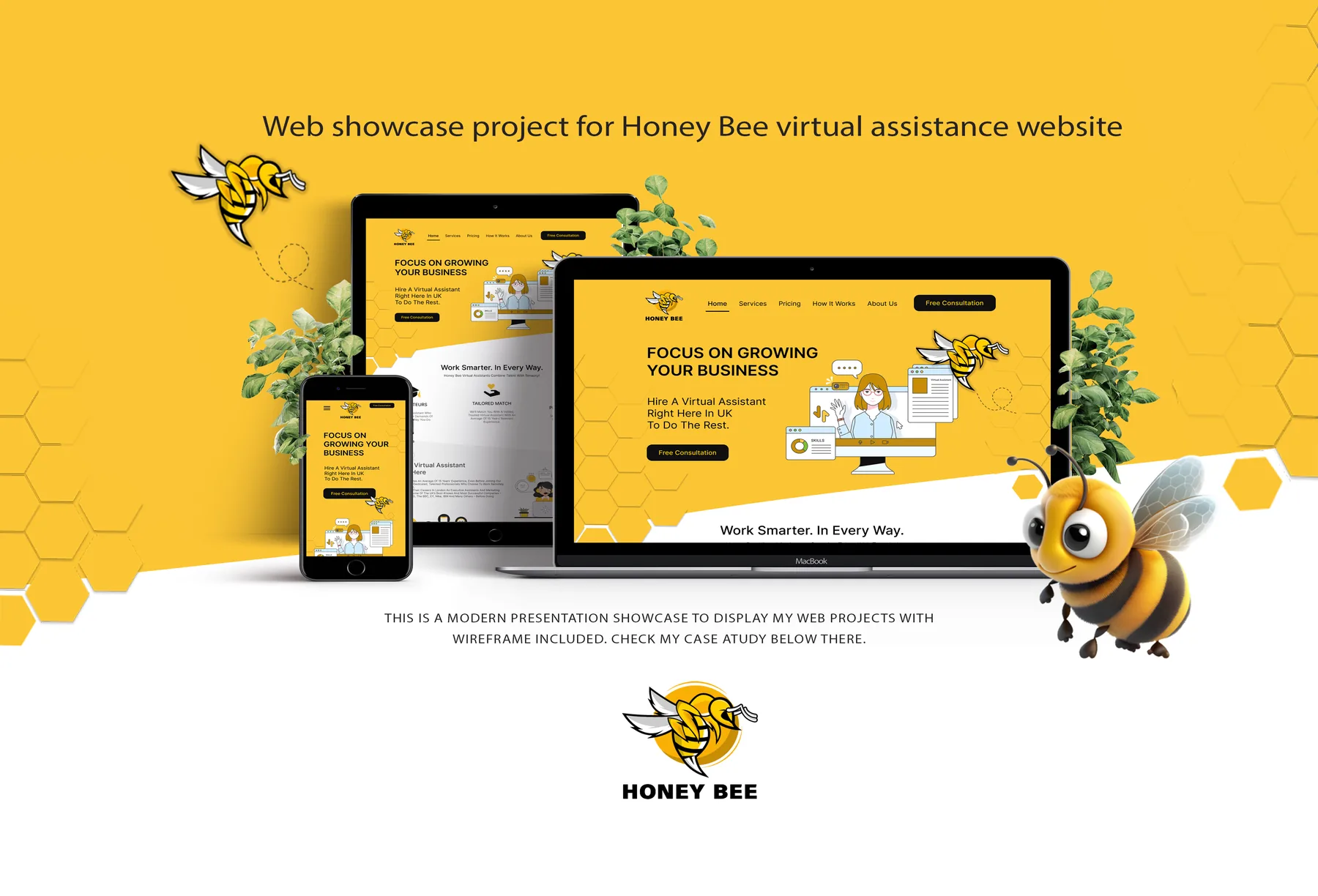 HoneyBee virtual assistance website shown across devices