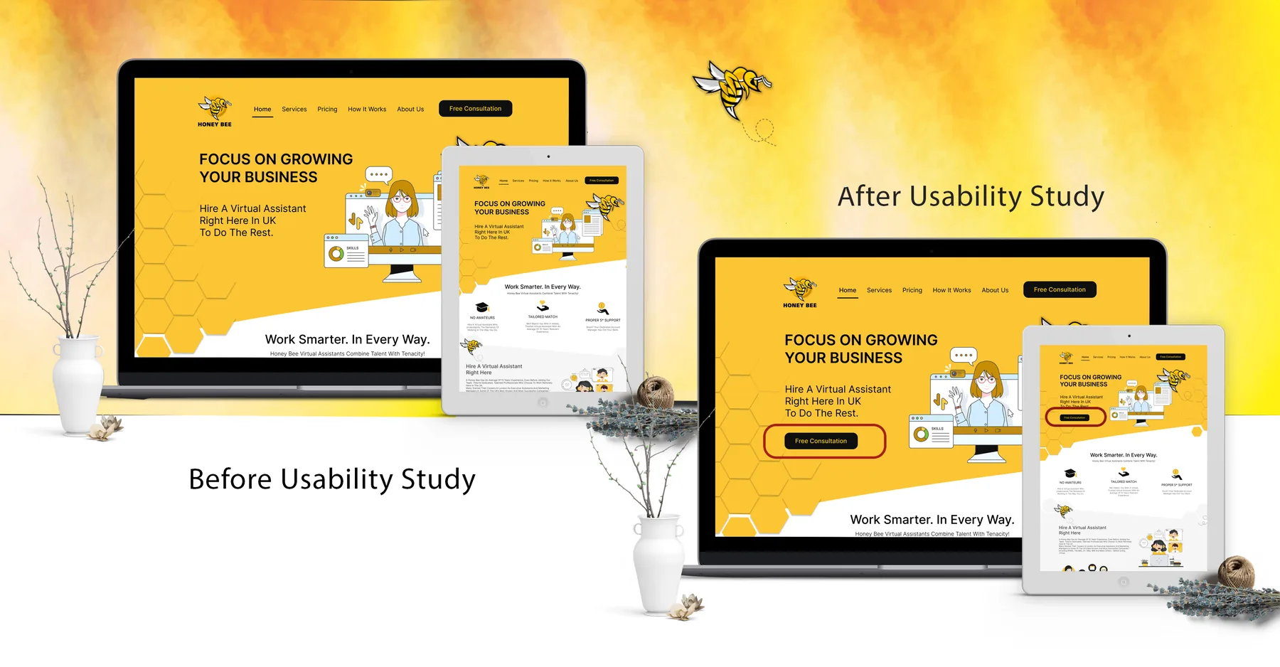 Before and after usability study, HoneyBee homepage