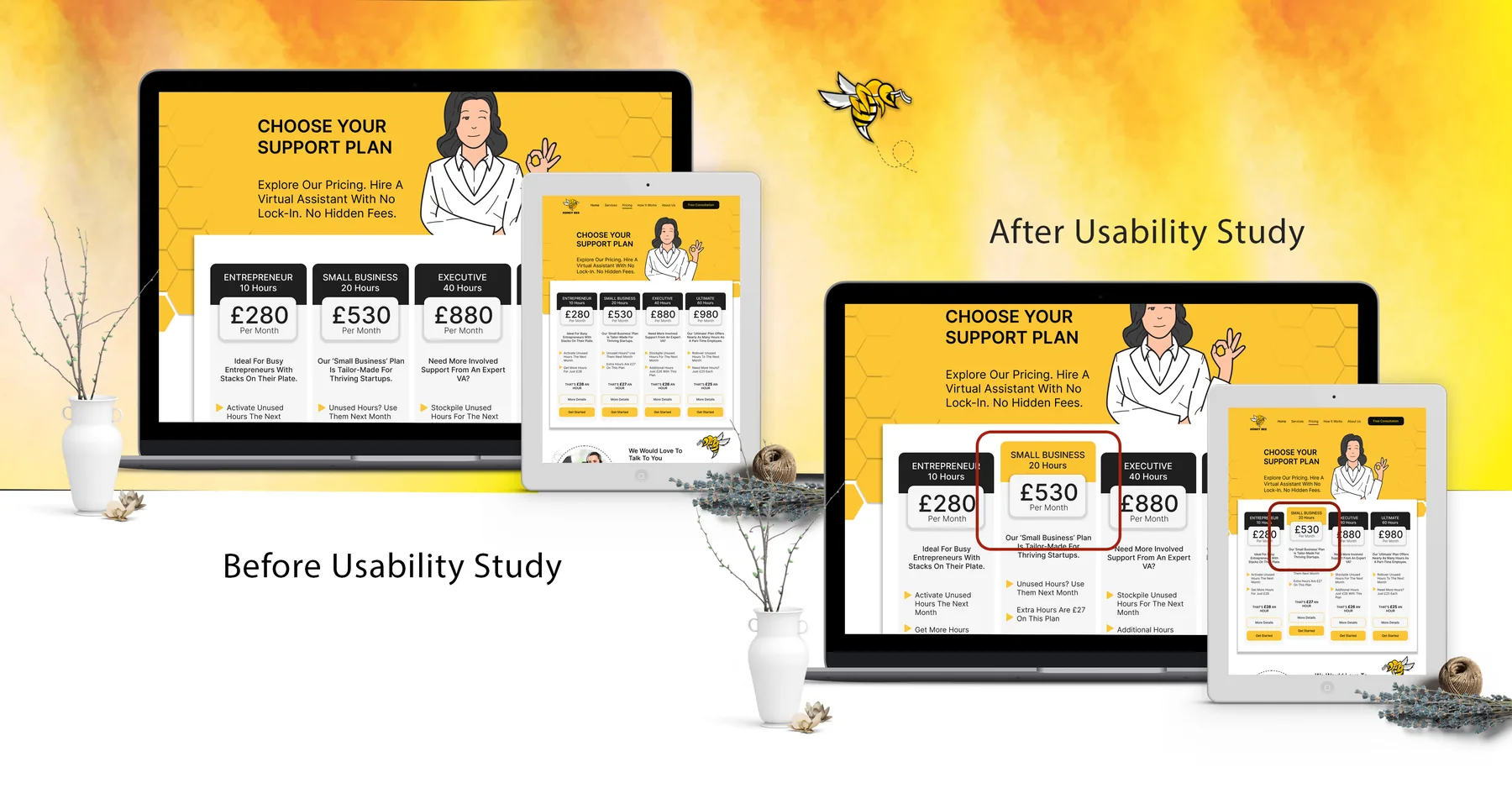 Before and after usability study, HoneyBee pricing page