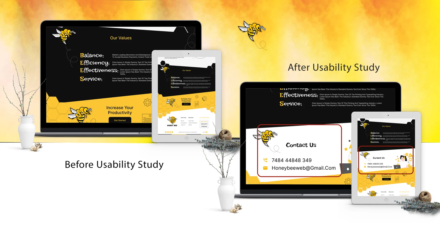 Before and after usability study, HoneyBee contact page