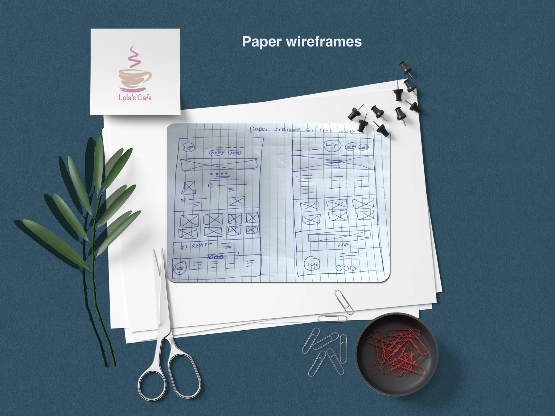 Hand-drawn paper wireframes for Lola's Café