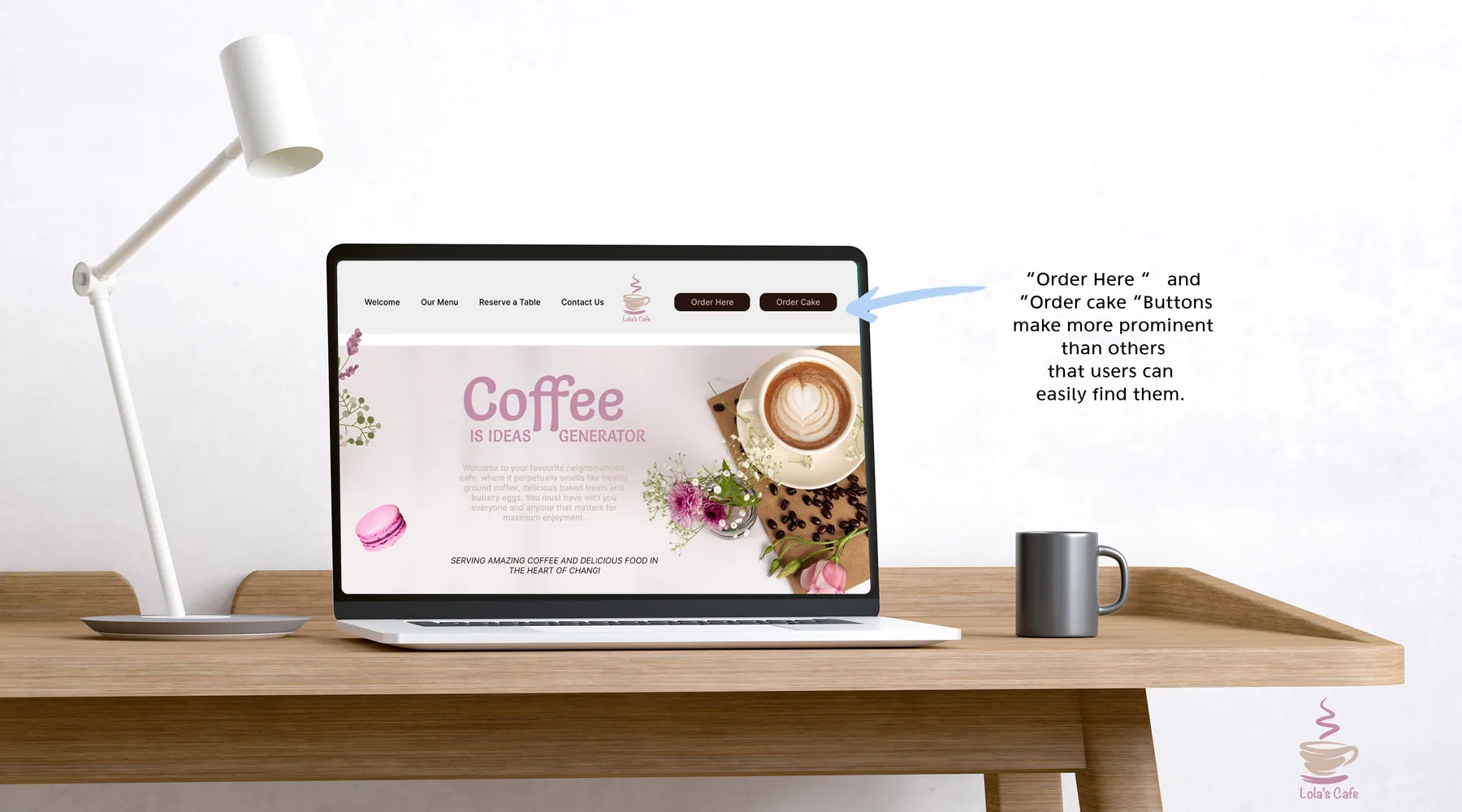 Final Lola's Café website mockup on desktop, second view