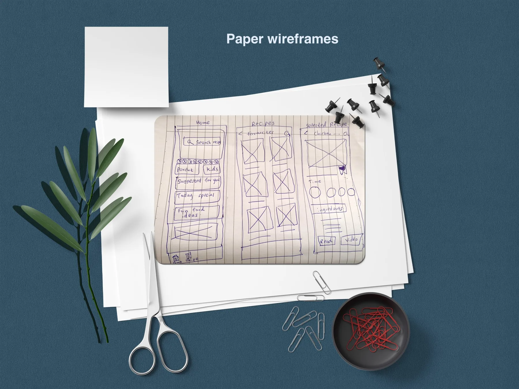 Hand-drawn paper wireframes for TinySpoon